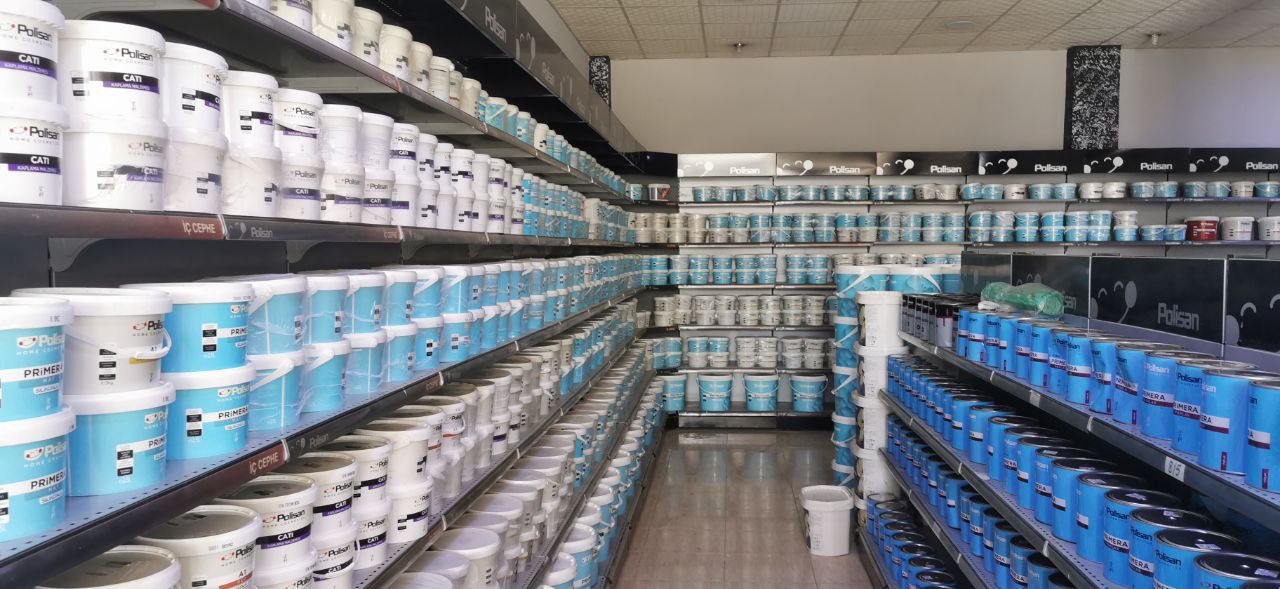 Paint cans on store shelves